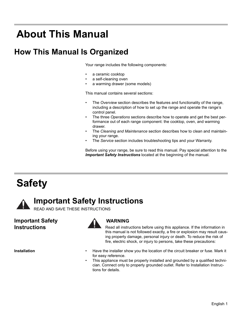About this manual, How this manual is organized, Safety | Important safety instructions, Installation, About this manual safety | Bosch ELECTRIC FREE-STANDING CONVECTION RANGE User Manual | Page 3 / 120