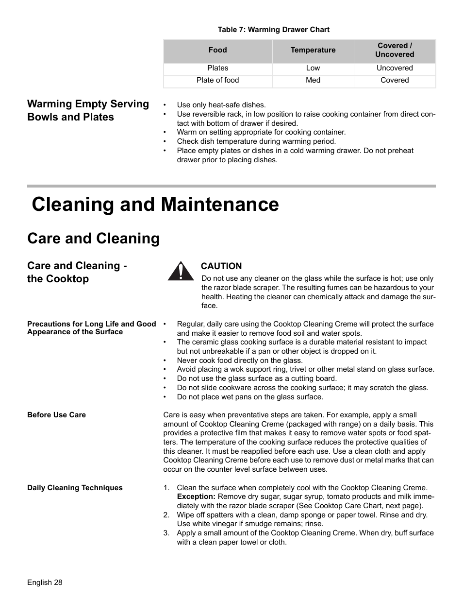 Warming empty serving bowls and plates, Cleaning and maintenance, Care and cleaning | Care and cleaning - the cooktop, Before use care, Daily cleaning techniques | Bosch ELECTRIC FREE-STANDING CONVECTION RANGE User Manual | Page 30 / 120