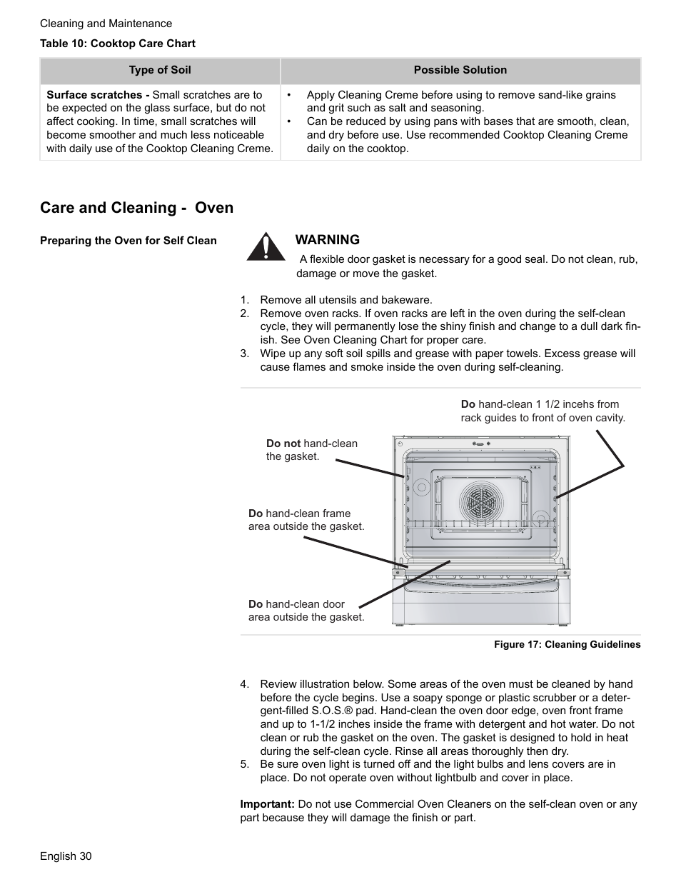 Care and cleaning - oven, Preparing the oven for self clean, Remove all utensils and bakeware | Figure 17: cleaning guidelines | Bosch ELECTRIC FREE-STANDING CONVECTION RANGE User Manual | Page 32 / 120