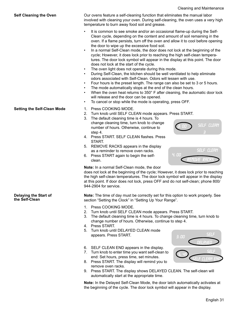 Self cleaning the oven, Setting the self-clean mode, Press cooking mode | Press start. self clean flashes. press start, Press start again to begin the self- clean, Delaying the start of the self-clean, Press start, Self clean end appears in the display | Bosch ELECTRIC FREE-STANDING CONVECTION RANGE User Manual | Page 33 / 120
