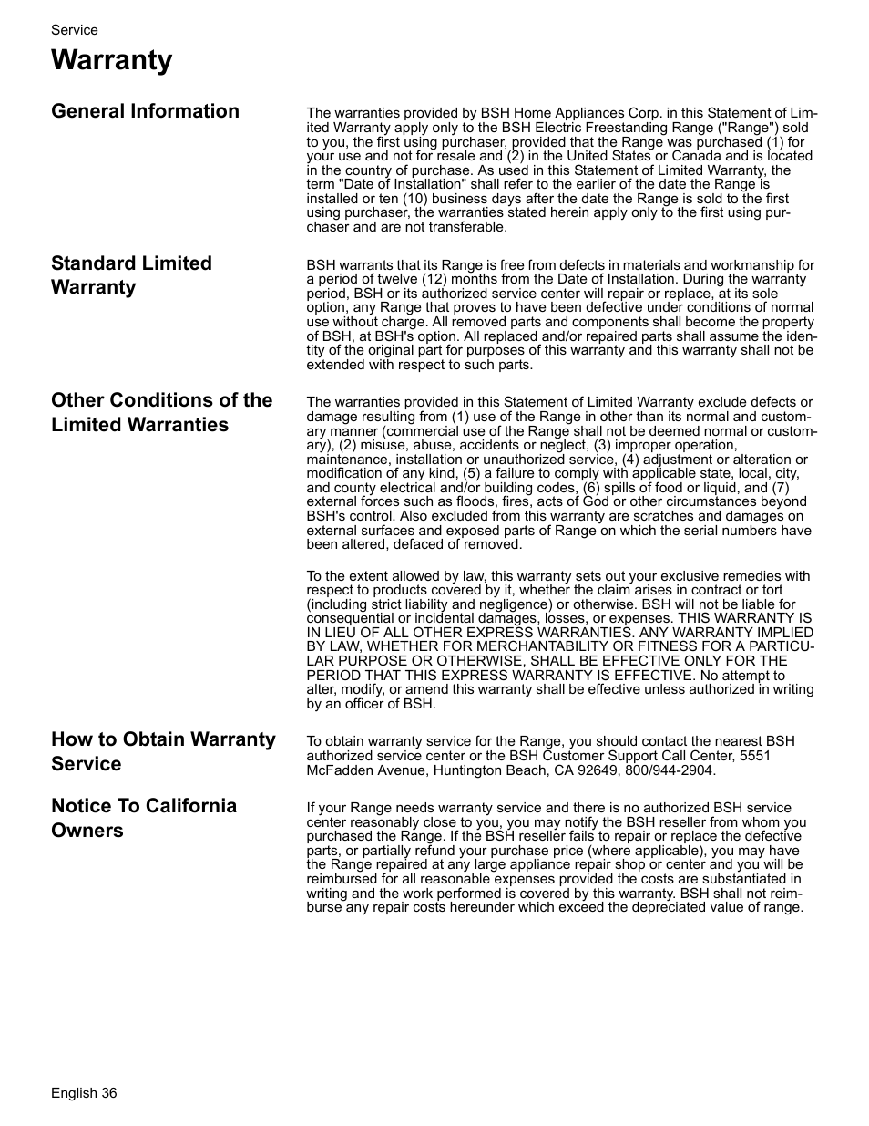 Warranty, General information, Standard limited warranty | Other conditions of the limited warranties, How to obtain warranty service, Notice to california owners | Bosch ELECTRIC FREE-STANDING CONVECTION RANGE User Manual | Page 38 / 120