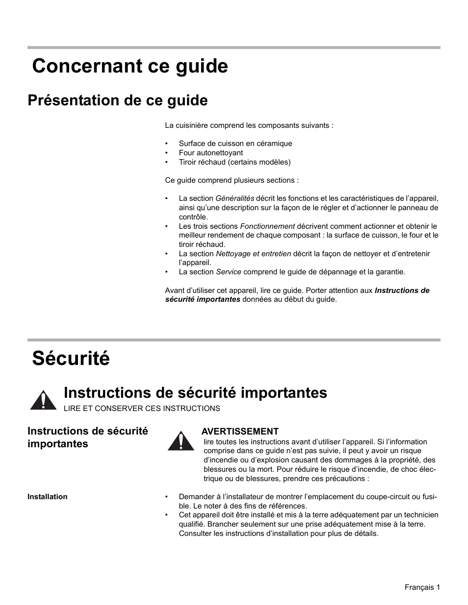 Concernant ce guide, Présentation de ce guide, Sécurité | Instructions de sécurité importantes, Installation, Concernant ce guide sécurité | Bosch ELECTRIC FREE-STANDING CONVECTION RANGE User Manual | Page 41 / 120