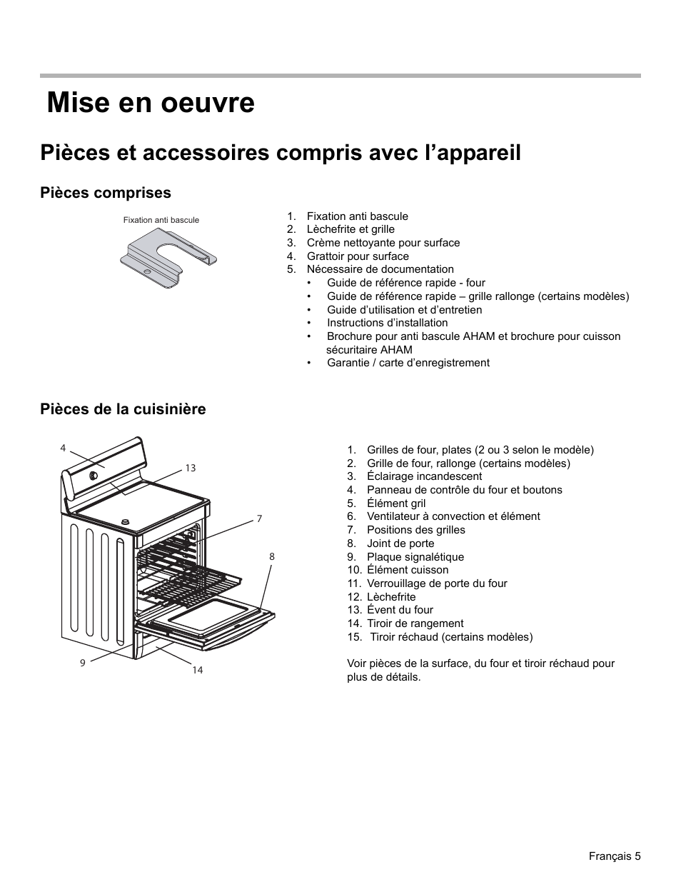 Mise en oeuvre, Pièces et accessoires compris avec l’appareil, Pièces comprises | Fixation anti bascule, Lèchefrite et grille, Crème nettoyante pour surface, Grattoir pour surface, Nécessaire de documentation, Pièces de la cuisinière, Grilles de four, plates (2 ou 3 selon le modèle) | Bosch ELECTRIC FREE-STANDING CONVECTION RANGE User Manual | Page 45 / 120