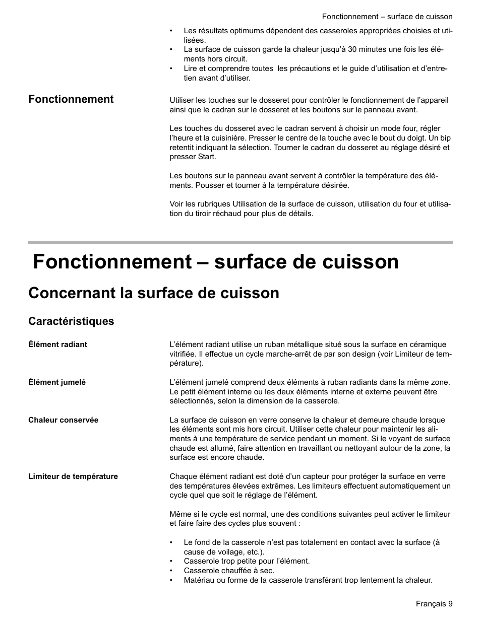 Fonctionnement, Fonctionnement - surface de cuisson, Concernant la surface de cuisson | Caractéristiques, Élément radiant, Élément jumelé, Chaleur conservée, Limiteur de température, Fonctionnement – surface de cuisson | Bosch ELECTRIC FREE-STANDING CONVECTION RANGE User Manual | Page 49 / 120