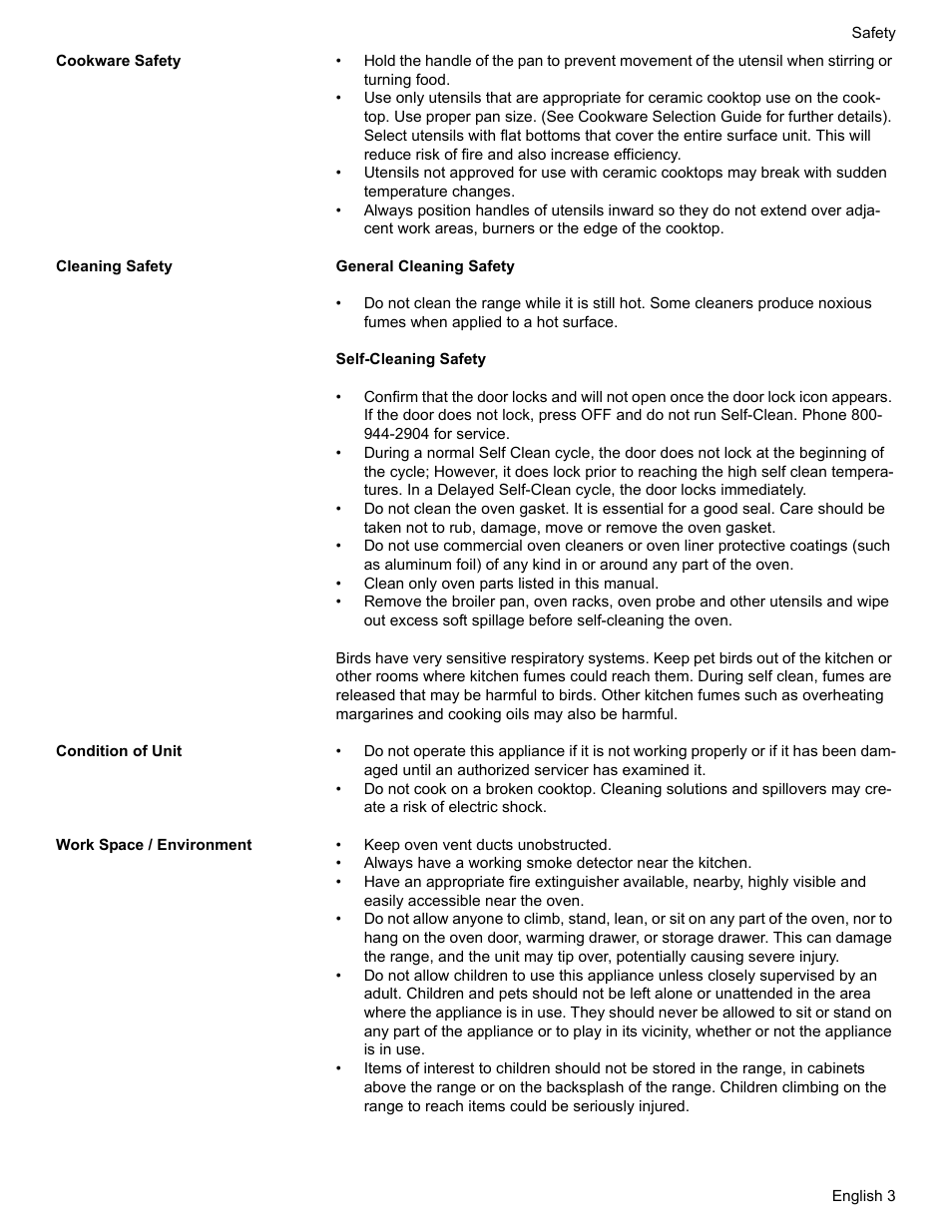 Cookware safety, Cleaning safety, Condition of unit | Work space / environment | Bosch ELECTRIC FREE-STANDING CONVECTION RANGE User Manual | Page 5 / 120