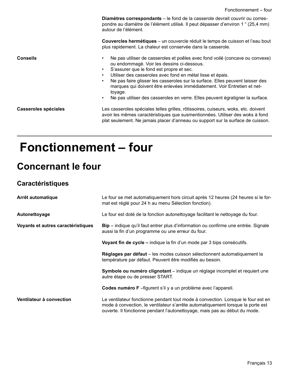 Conseils, Casseroles spéciales, Fonctionnement - four | Concernant le four, Caractéristiques, Arrêt automatique, Autonettoyage, Voyants et autres caractéristiques, Ventilateur à convection, Fonctionnement – four | Bosch ELECTRIC FREE-STANDING CONVECTION RANGE User Manual | Page 53 / 120