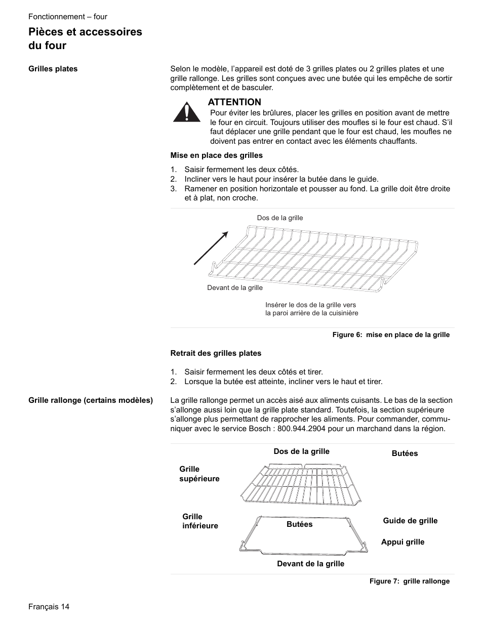 Pièces et accessoires du four, Grilles plates, Saisir fermement les deux côtés | Figure 6: mise en place de la grille, Saisir fermement les deux côtés et tirer, Grille rallonge (certains modèles), Figure 7: grille rallonge | Bosch ELECTRIC FREE-STANDING CONVECTION RANGE User Manual | Page 54 / 120