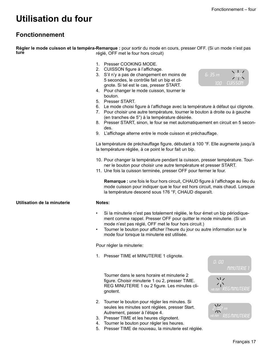 Utilisation du four, Fonctionnement, Régler le mode cuisson et la température | Presser cooking mode, Cuisson figure à l’affichage, Pour changer le mode cuisson, tourner le bouton, Presser start, Utilisation de la minuterie, Presser time et minuterie 1 clignote, Presser time et les heures clignotent | Bosch ELECTRIC FREE-STANDING CONVECTION RANGE User Manual | Page 57 / 120