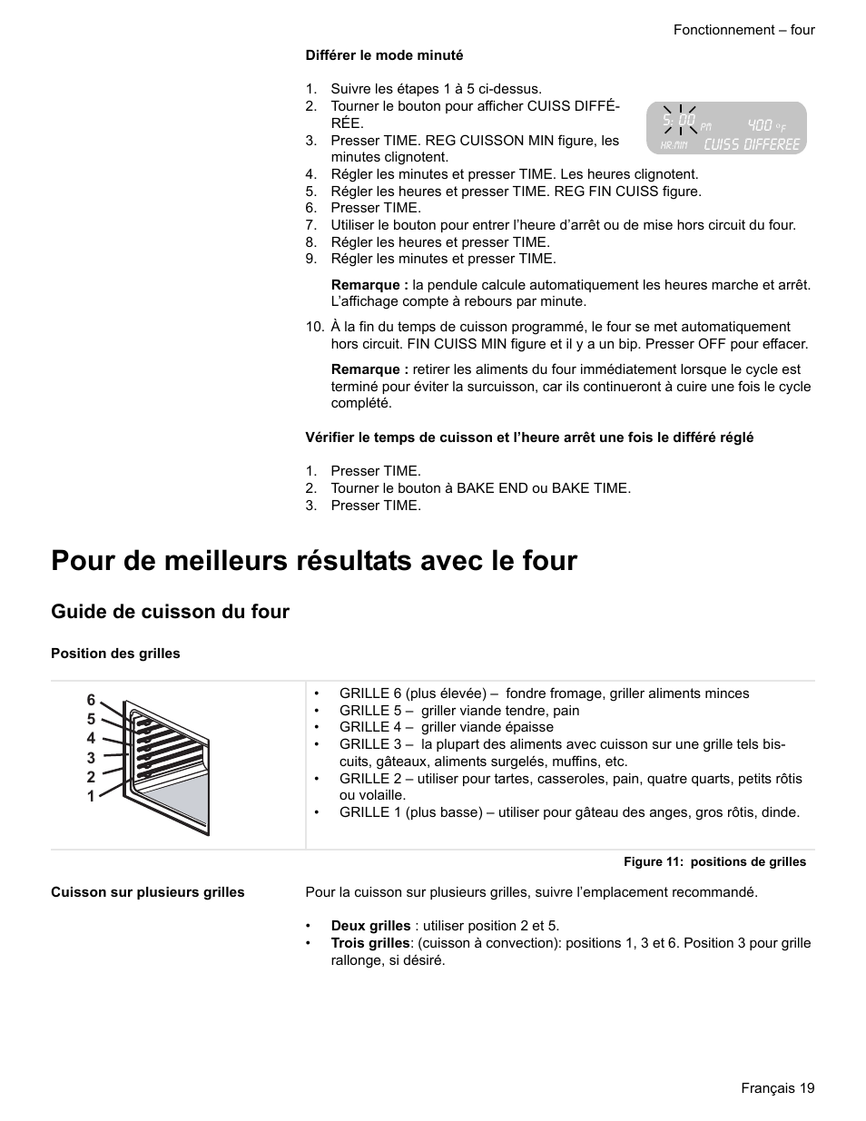 Suivre les étapes 1 à 5 ci-dessus, Tourner le bouton pour afficher cuiss différée, Presser time | Régler les heures et presser time, Régler les minutes et presser time, Tourner le bouton à bake end ou bake time, Pour de meilleurs résultats avec le four, Guide de cuisson du four, Position des grilles, Figure 11: positions de grilles | Bosch ELECTRIC FREE-STANDING CONVECTION RANGE User Manual | Page 59 / 120