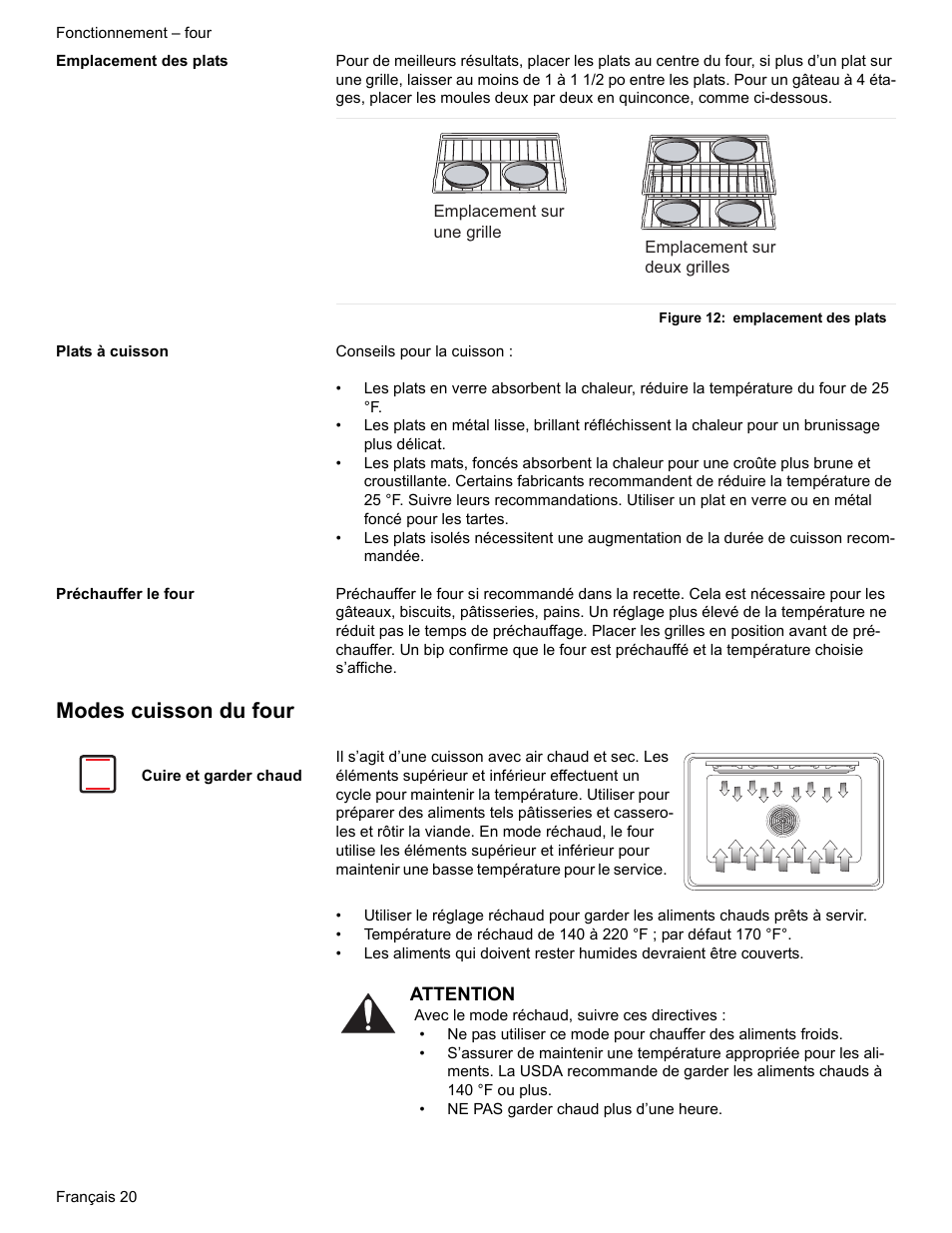 Emplacement des plats, Figure 12: emplacement des plats, Plats à cuisson | Préchauffer le four, Modes cuisson du four, Cuire et garder chaud | Bosch ELECTRIC FREE-STANDING CONVECTION RANGE User Manual | Page 60 / 120