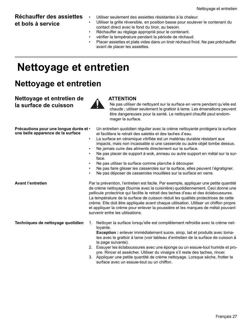 Réchauffer des assiettes et bols à service, Nettoyage et entretien, Nettoyage et entretien de la surface de cuisson | Avant l’entretien, Techniques de nettoyage quotidien | Bosch ELECTRIC FREE-STANDING CONVECTION RANGE User Manual | Page 67 / 120
