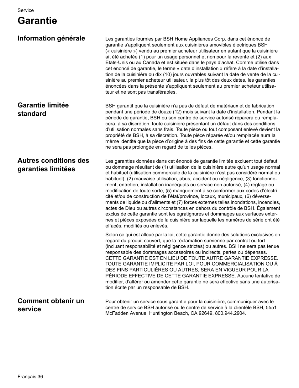 Garantie, Information générale, Garantie limitée standard | Autres conditions des garanties limitées, Comment obtenir un service | Bosch ELECTRIC FREE-STANDING CONVECTION RANGE User Manual | Page 76 / 120