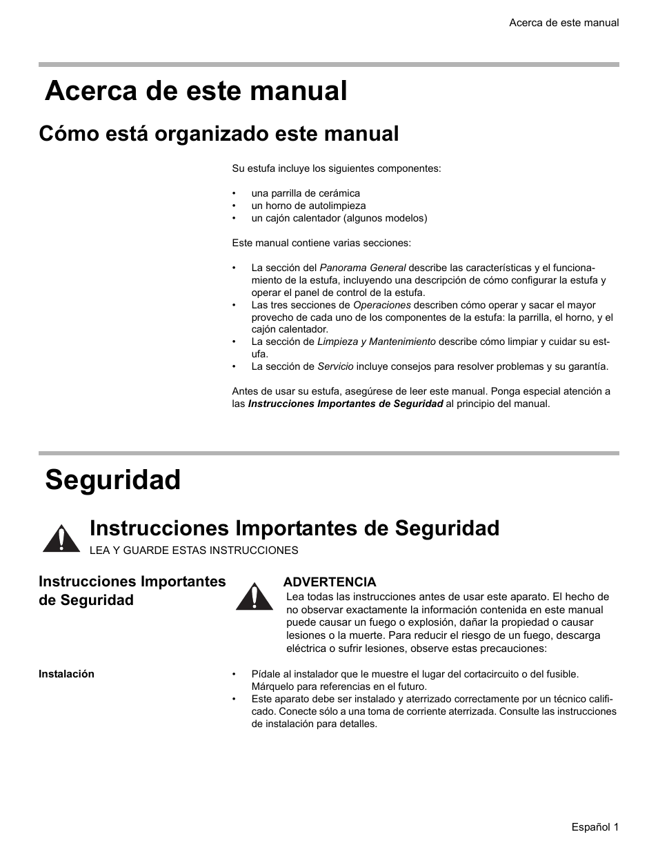 Acerca de este manual, Cómo está organizado este manual, Seguridad | Instrucciones importantes de seguridad, Instalación, Acerca de este manual seguridad | Bosch ELECTRIC FREE-STANDING CONVECTION RANGE User Manual | Page 79 / 120