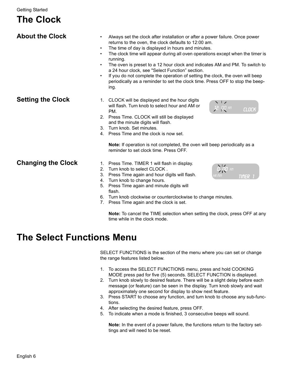 The clock, About the clock, Setting the clock | Turn knob. set minutes, Press time and the clock is now set, Changing the clock, Press time. timer 1 will flash in display, Turn knob to select clock, Press time again and hour digits will flash, Turn knob to change hours | Bosch ELECTRIC FREE-STANDING CONVECTION RANGE User Manual | Page 8 / 120