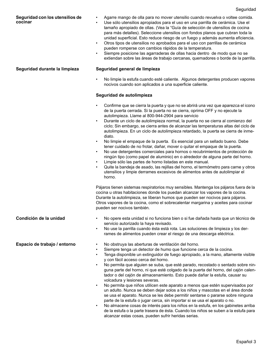 Seguridad con los utensilios de cocinar, Seguridad durante la limpieza, Condición de la unidad | Espacio de trabajo / entorno | Bosch ELECTRIC FREE-STANDING CONVECTION RANGE User Manual | Page 81 / 120