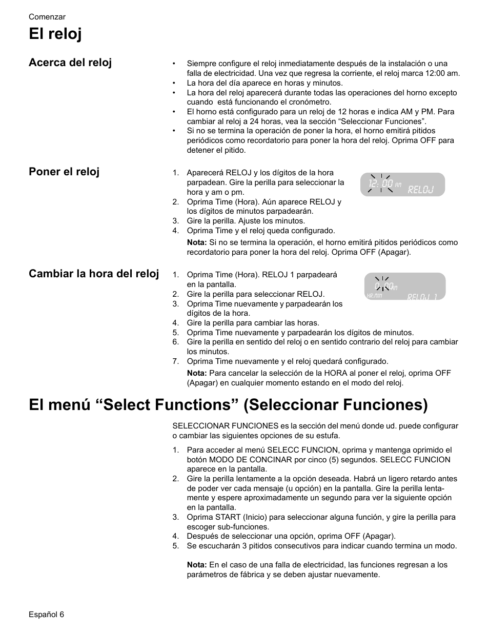 El reloj, Acerca del reloj, Poner el reloj | Gire la perilla. ajuste los minutos, Oprima time y el reloj queda configurado, Cambiar la hora del reloj, Gire la perilla para seleccionar reloj, Gire la perilla para cambiar las horas, El menú “select functions” (seleccionar funciones), Reloj | Bosch ELECTRIC FREE-STANDING CONVECTION RANGE User Manual | Page 84 / 120