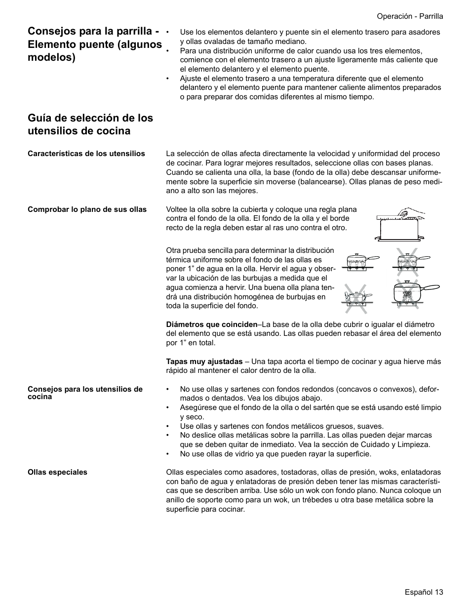 Guía de selección de los utensilios de cocina, Características de los utensilios, Comprobar lo plano de sus ollas | Consejos para los utensilios de cocina, Ollas especiales | Bosch ELECTRIC FREE-STANDING CONVECTION RANGE User Manual | Page 91 / 120