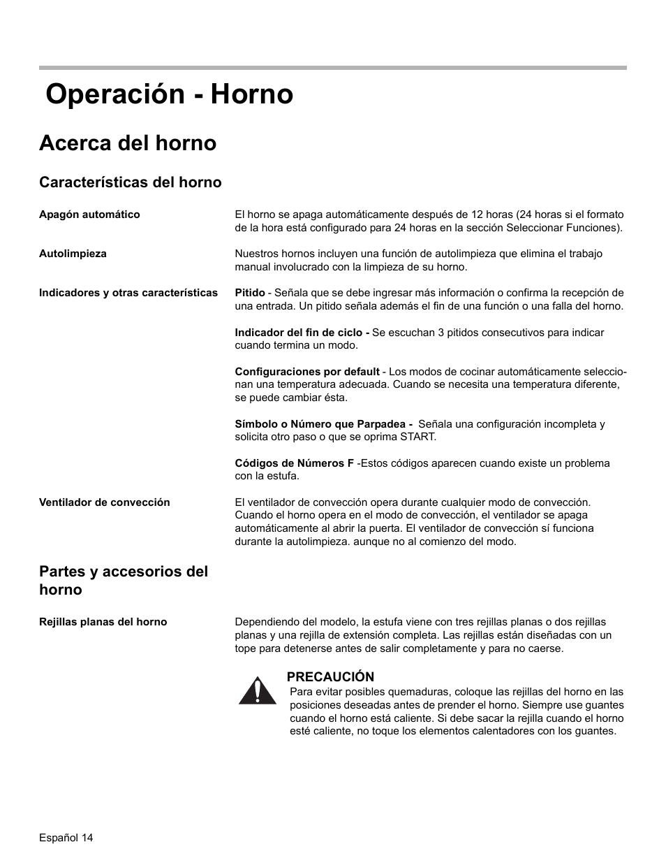 Operación - horno, Acerca del horno, Características del horno | Apagón automático, Autolimpieza, Indicadores y otras características, Ventilador de convección, Partes y accesorios del horno, Rejillas planas del horno | Bosch ELECTRIC FREE-STANDING CONVECTION RANGE User Manual | Page 92 / 120