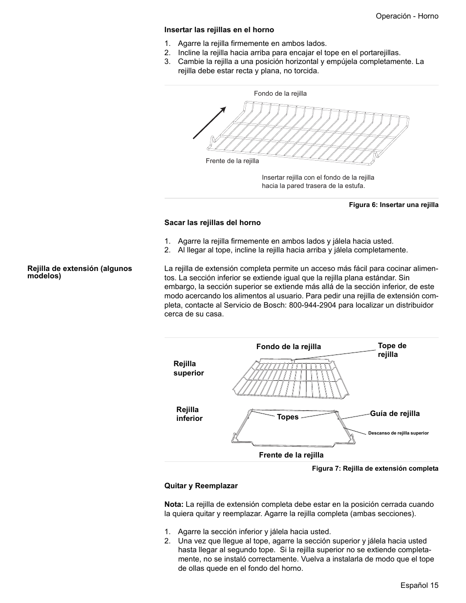 Agarre la rejilla firmemente en ambos lados, Figura 6: insertar una rejilla, Rejilla de extensión (algunos modelos) | Figura 7: rejilla de extensión completa, Agarre la sección inferior y jálela hacia usted | Bosch ELECTRIC FREE-STANDING CONVECTION RANGE User Manual | Page 93 / 120