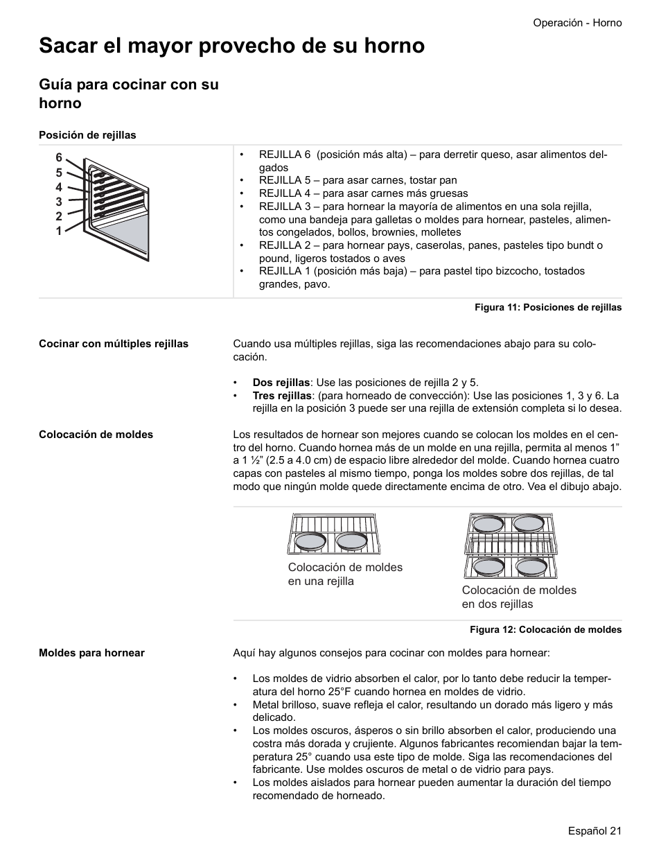 Sacar el mayor provecho de su horno, Guía para cocinar con su horno, Posición de rejillas | Figura 11: posiciones de rejillas, Cocinar con múltiples rejillas, Colocación de moldes, Figura 12: colocación de moldes, Moldes para hornear | Bosch ELECTRIC FREE-STANDING CONVECTION RANGE User Manual | Page 99 / 120