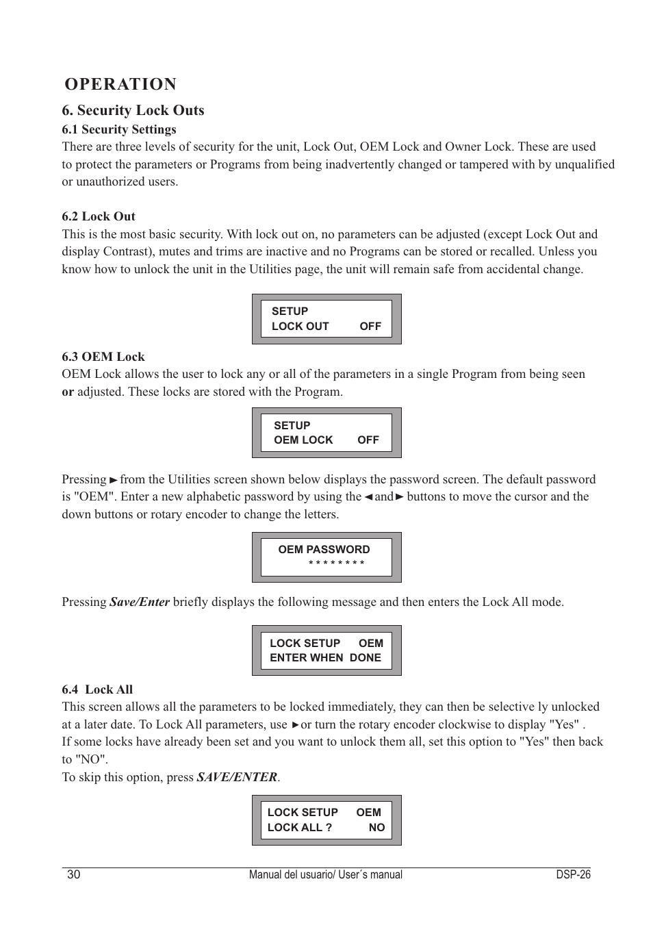 Operation, Security lock outs | D.A.S. Audio DSP-26 User Manual | Page 34 / 48