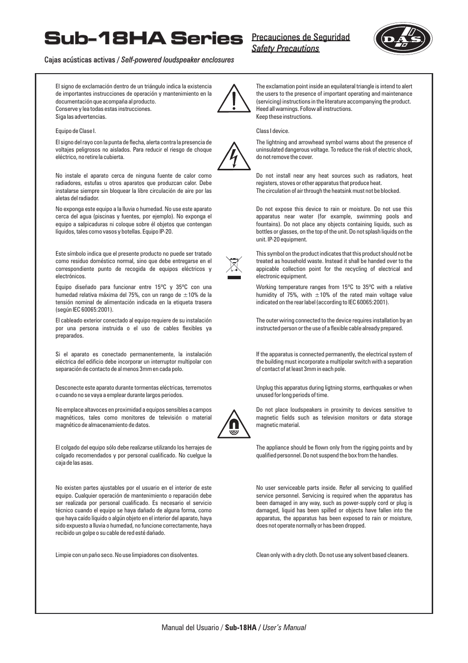 Sub-18ha series, Precauciones de seguridad safety precautions | D.A.S. Audio Sub-18HA User Manual | Page 3 / 24