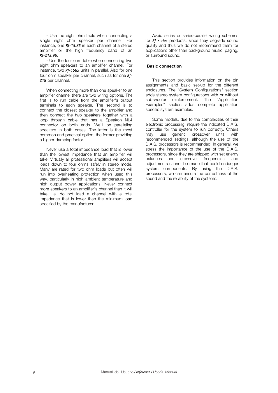 8 ohmios por canal de amplificador, 4 ohmios por canal de amplificador | D.A.S. Audio Rf Series User Manual | Page 8 / 24