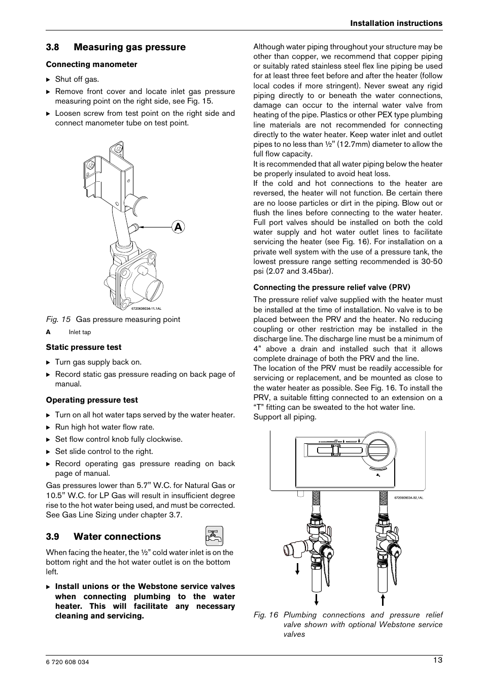 8 measuring gas pressure, 9 water connections | Bosch Model GWH 425 User Manual | Page 13 / 28