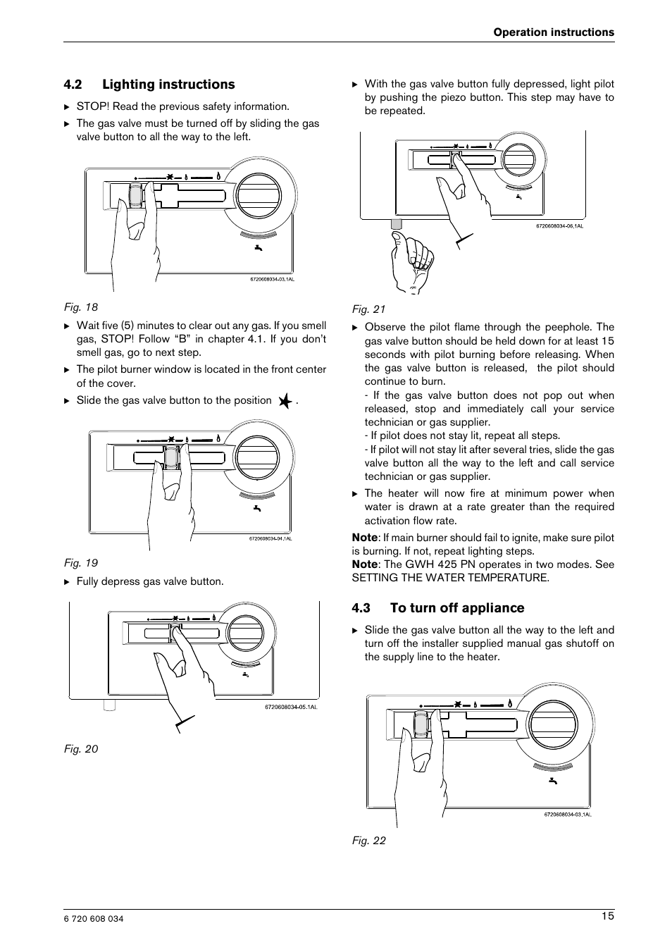 2 lighting instructions, 3 to turn off appliance | Bosch Model GWH 425 User Manual | Page 15 / 28