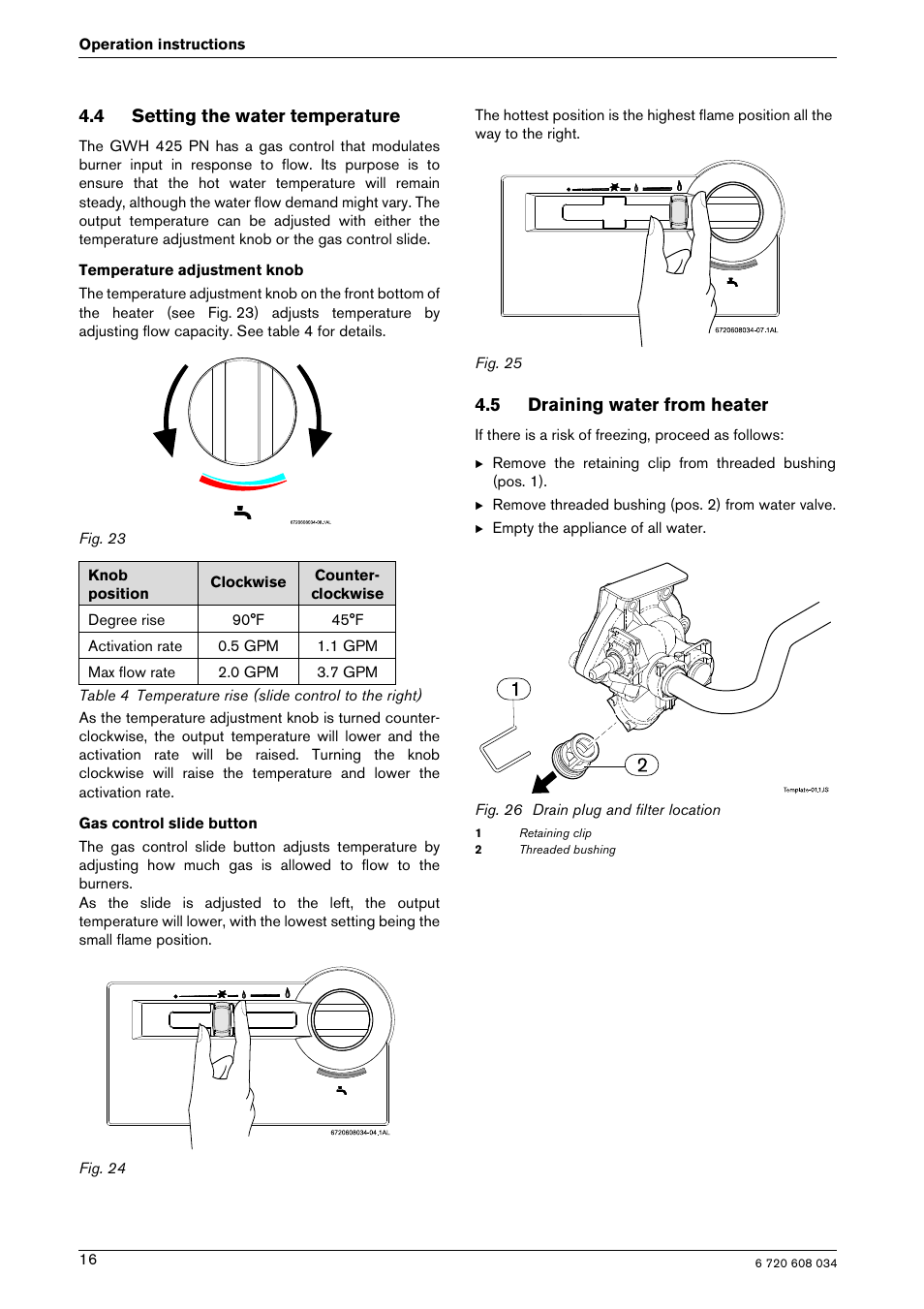 4 setting the water temperature, 5 draining water from heater | Bosch Model GWH 425 User Manual | Page 16 / 28