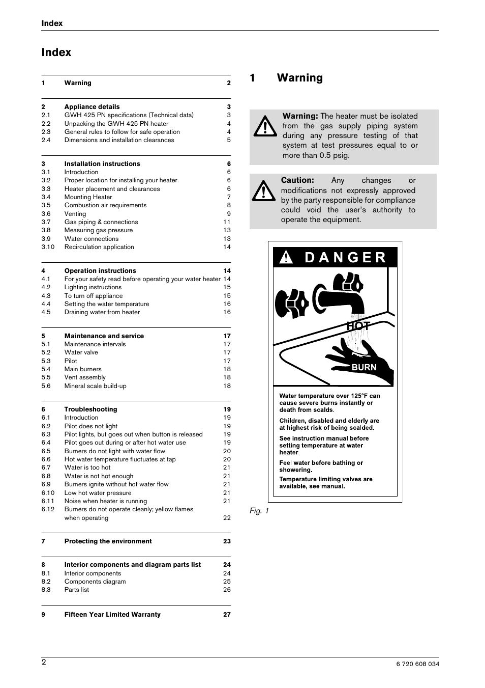 Index, 1warning | Bosch Model GWH 425 User Manual | Page 2 / 28