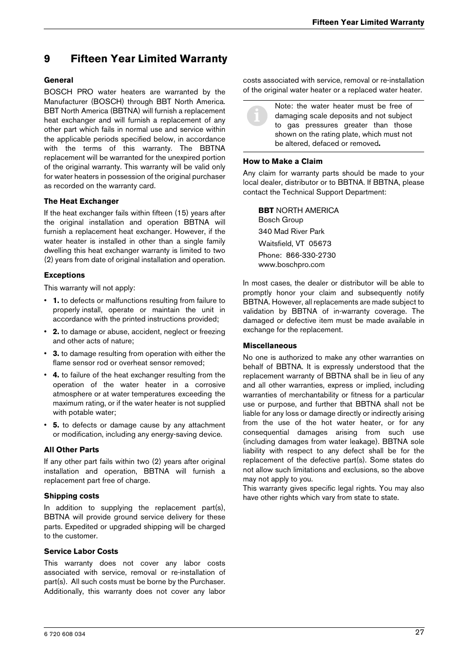 9fifteen year limited warranty | Bosch Model GWH 425 User Manual | Page 27 / 28