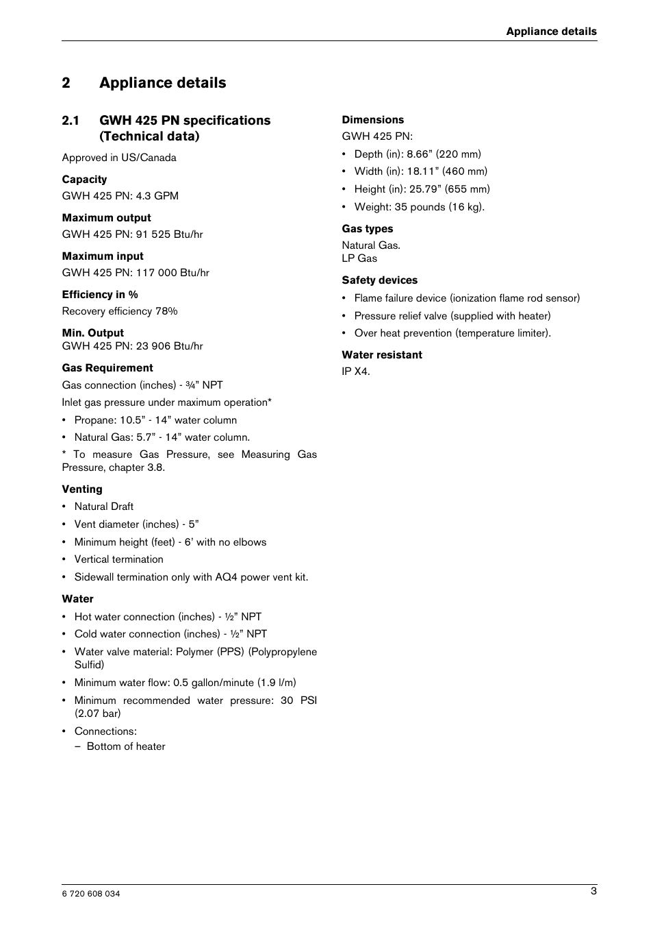 2appliance details | Bosch Model GWH 425 User Manual | Page 3 / 28