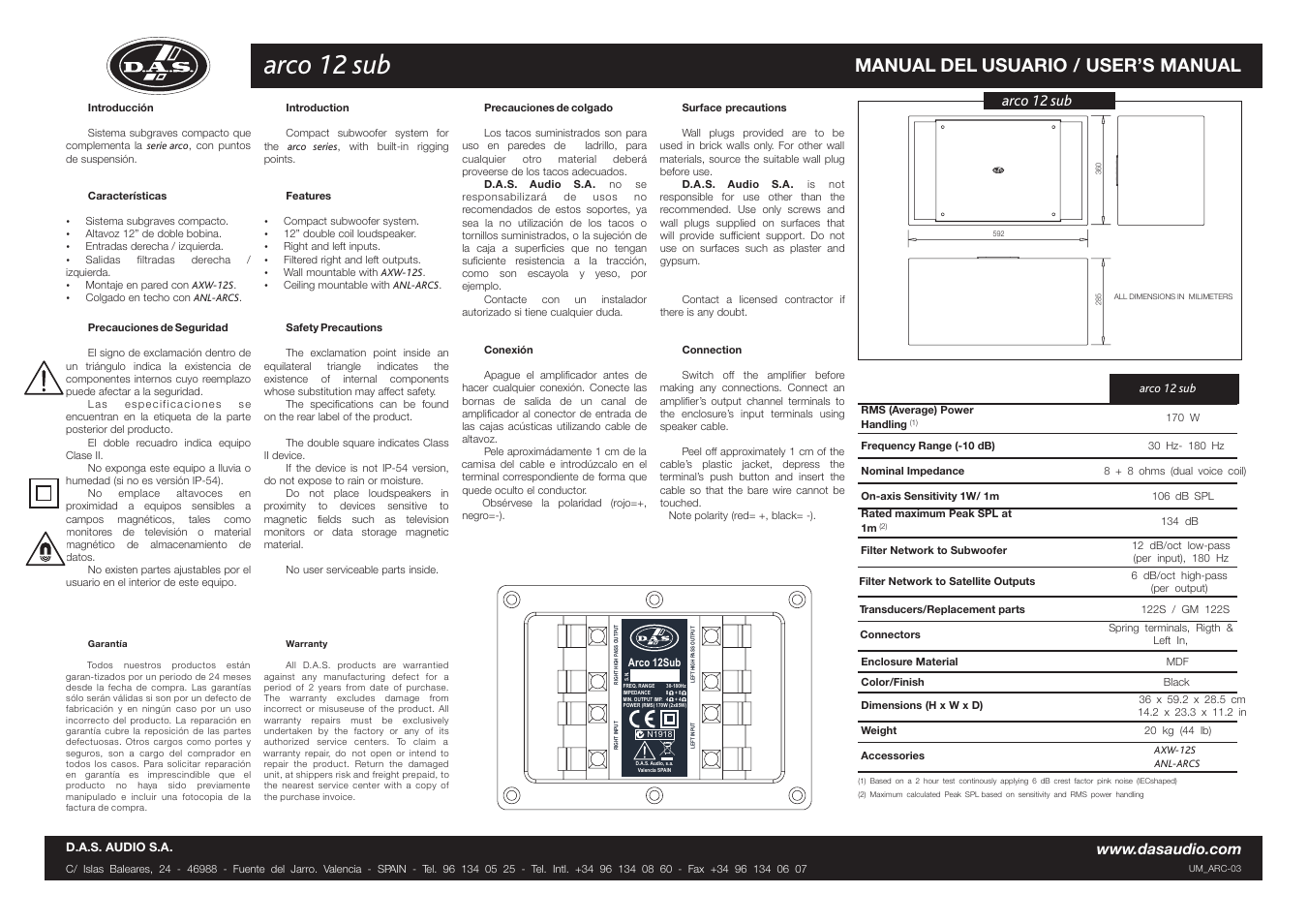 D.A.S. Audio Arco 12 Sub User Manual | 2 pages