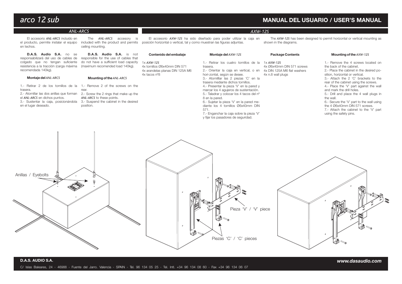 Arco 12 sub, Manual del usuario / user’s manual | D.A.S. Audio Arco 12 Sub User Manual | Page 2 / 2