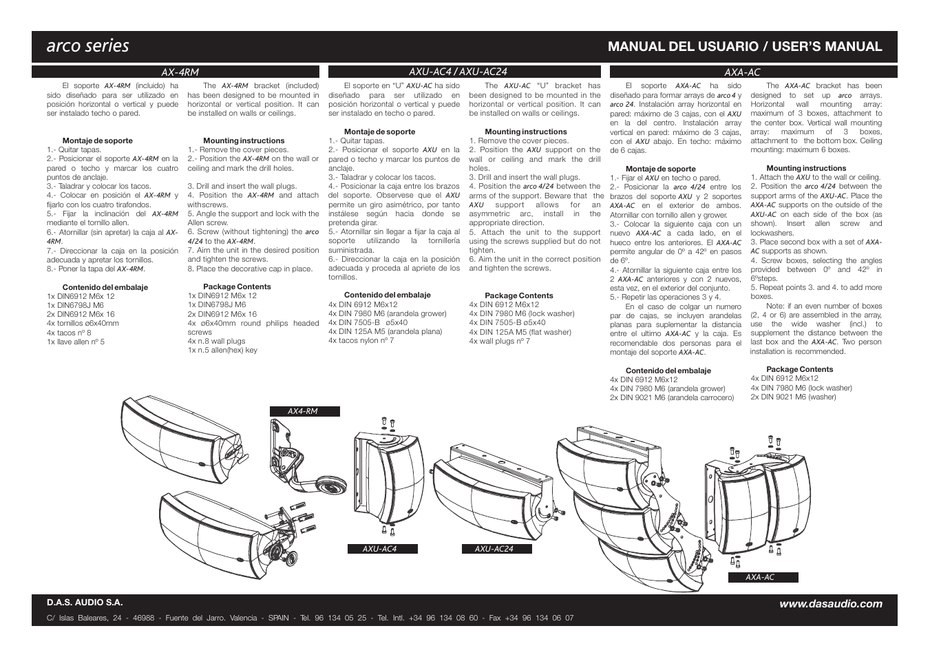 Arco series, Manual del usuario / user’s manual, Ax-4rm axu-ac4 / axu-ac24 axa-ac | D.A.S. Audio Arco Series User Manual | Page 2 / 2