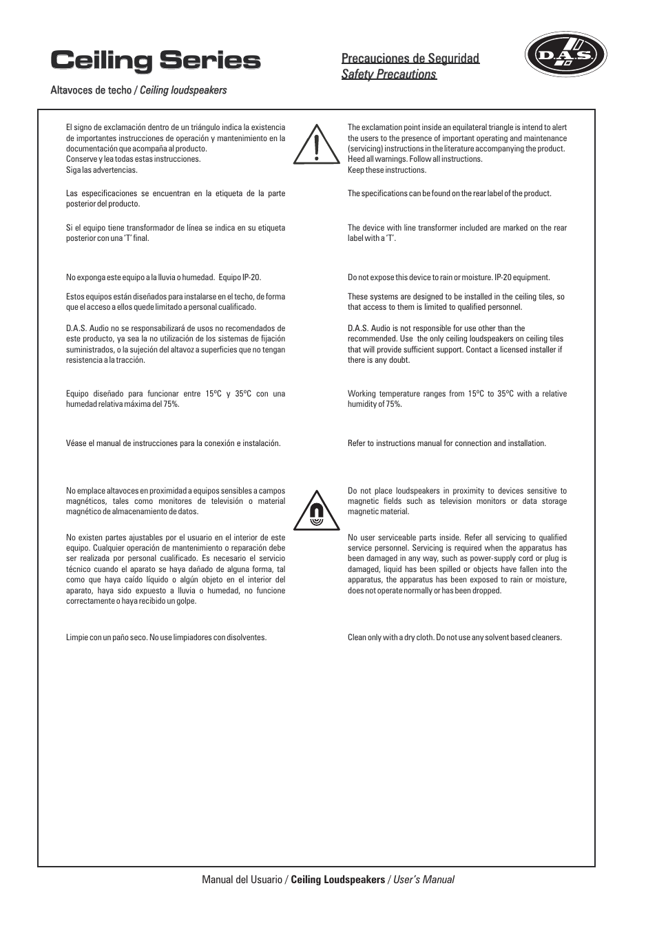 Ceiling series, Precauciones de seguridad safety precautions | D.A.S. Audio CL Series User Manual | Page 3 / 24
