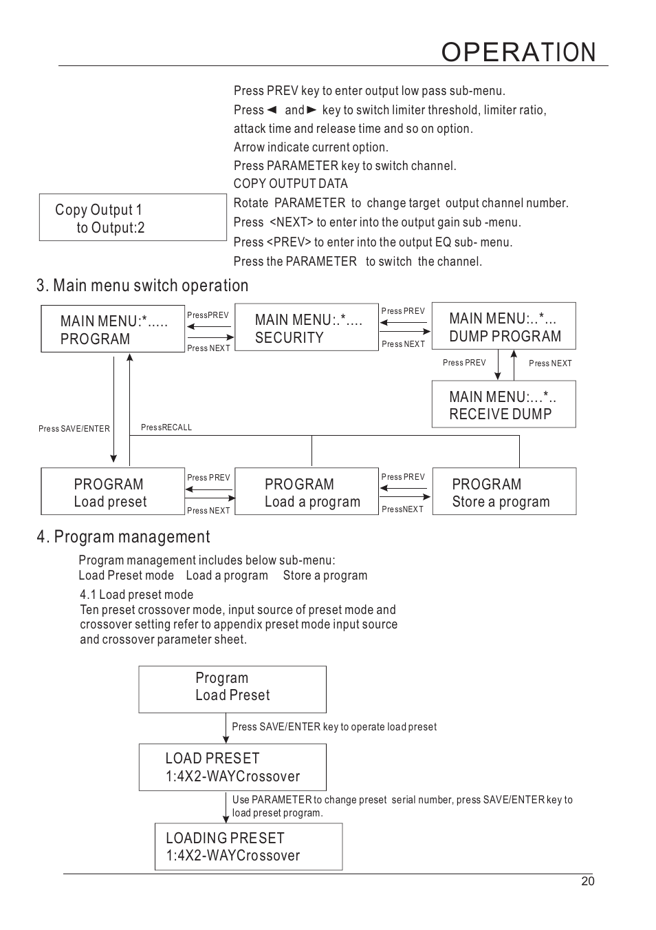 Opera tion, Program management, Main menu switch operation | D.A.S. Audio DSP-48 User Manual | Page 21 / 28