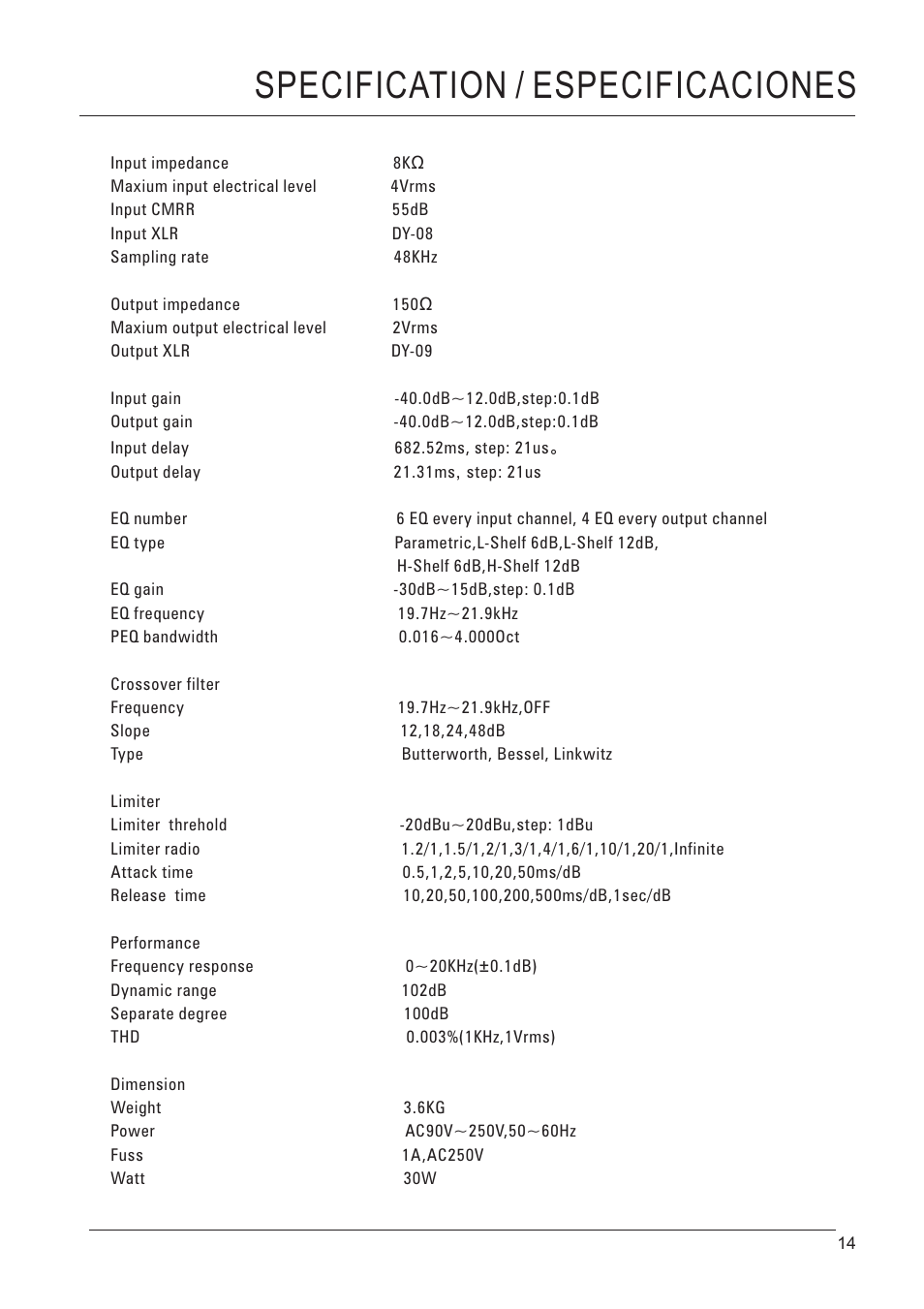 Specification / especificaciones | D.A.S. Audio DSP-48 User Manual | Page 27 / 28