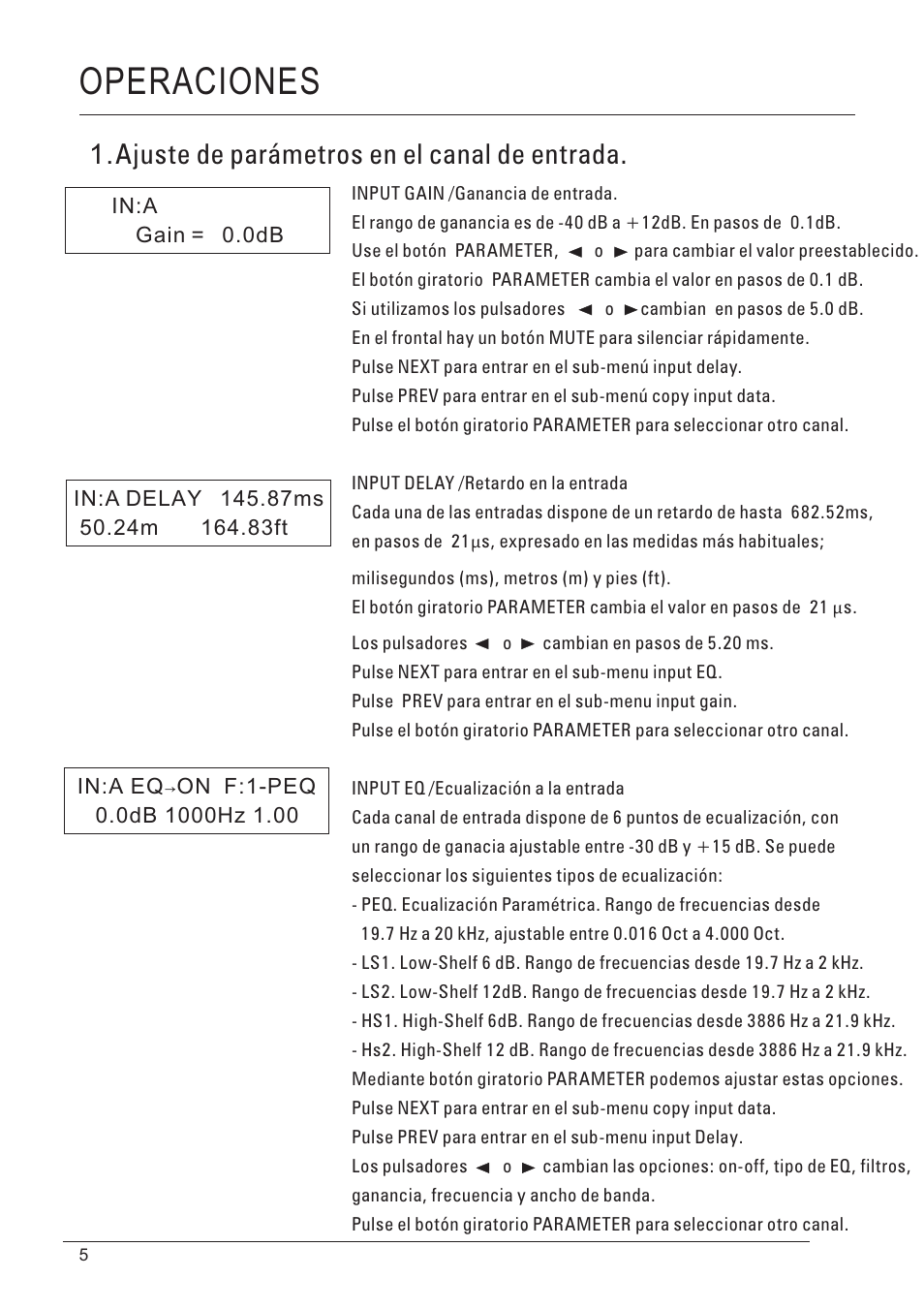 Operaciones, Ajuste de parámetros en el canal de entrada | D.A.S. Audio DSP-48 User Manual | Page 6 / 28