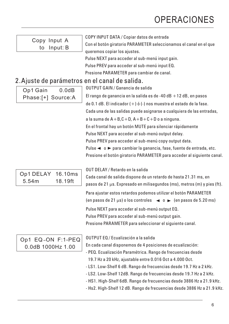 Operaciones, 2 ajuste de parámetros en el canal de salida | D.A.S. Audio DSP-48 User Manual | Page 7 / 28