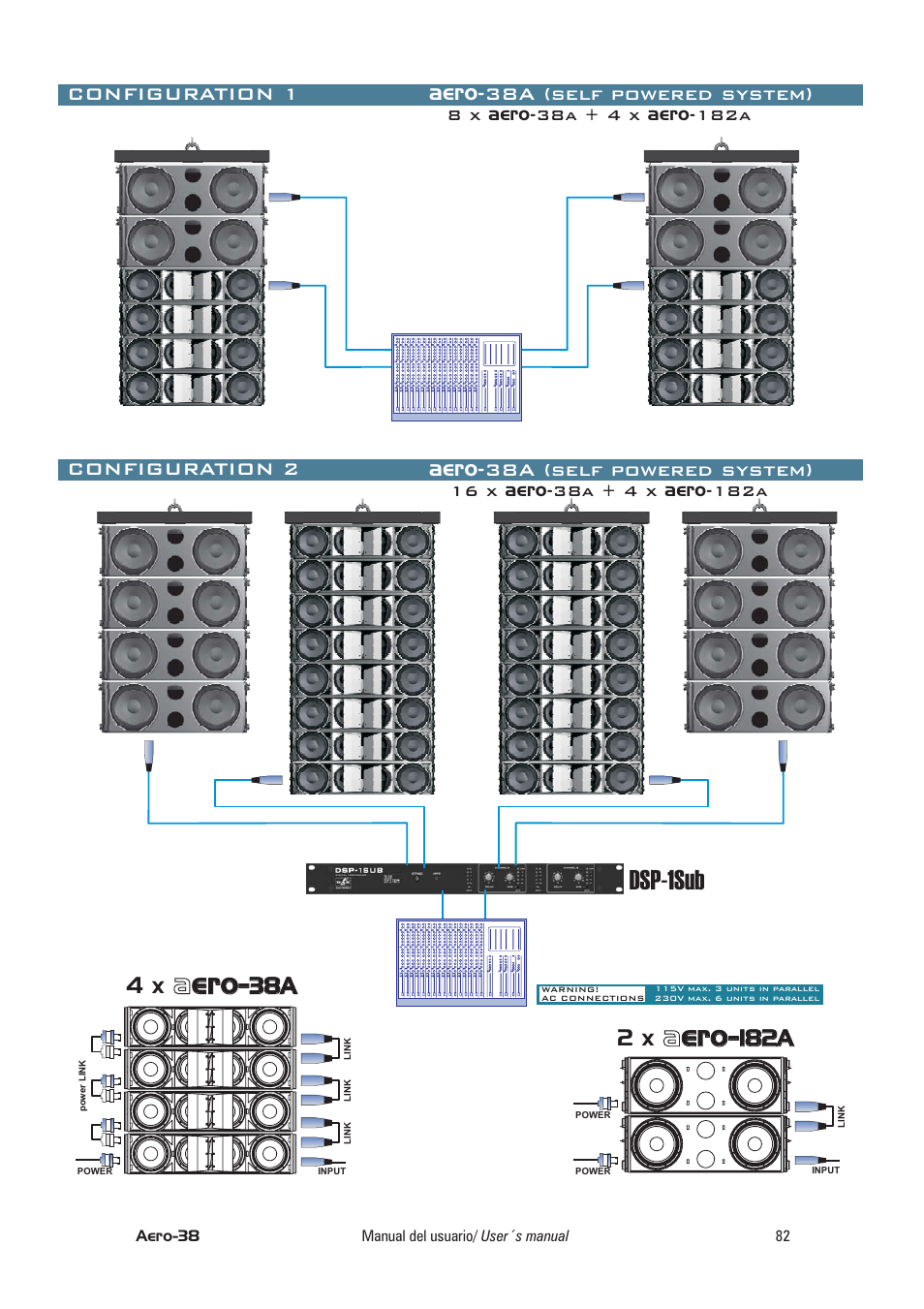 Aaero, Dsp-1sub, 182a | Configuration 1, Configuration 2, Aero-38a (self powered system) | D.A.S. Audio Aero User Manual | Page 42 / 45