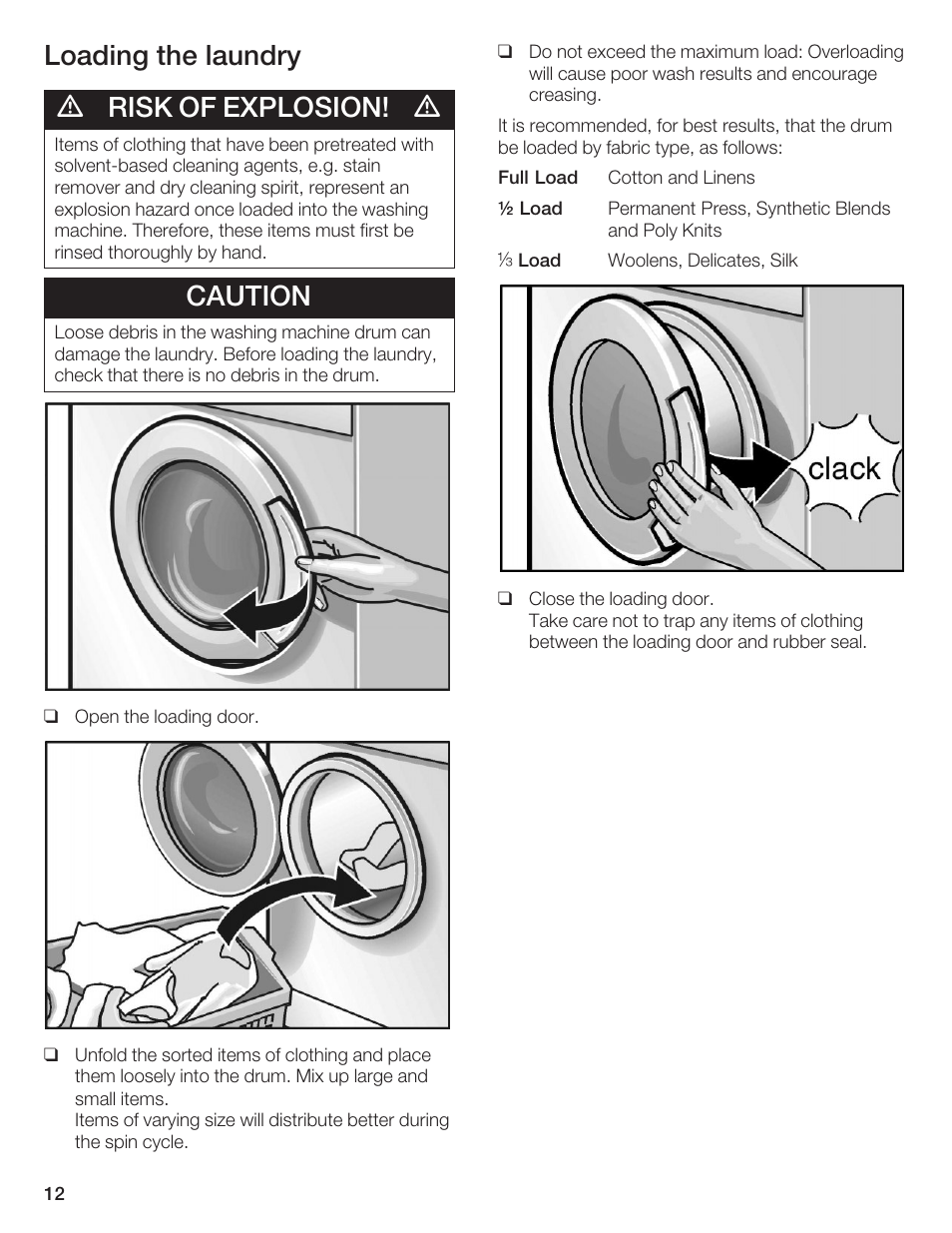 Loading the laundry d risk of explosion! d, Caution | Bosch AXXUS WFL 2050 User Manual | Page 12 / 36