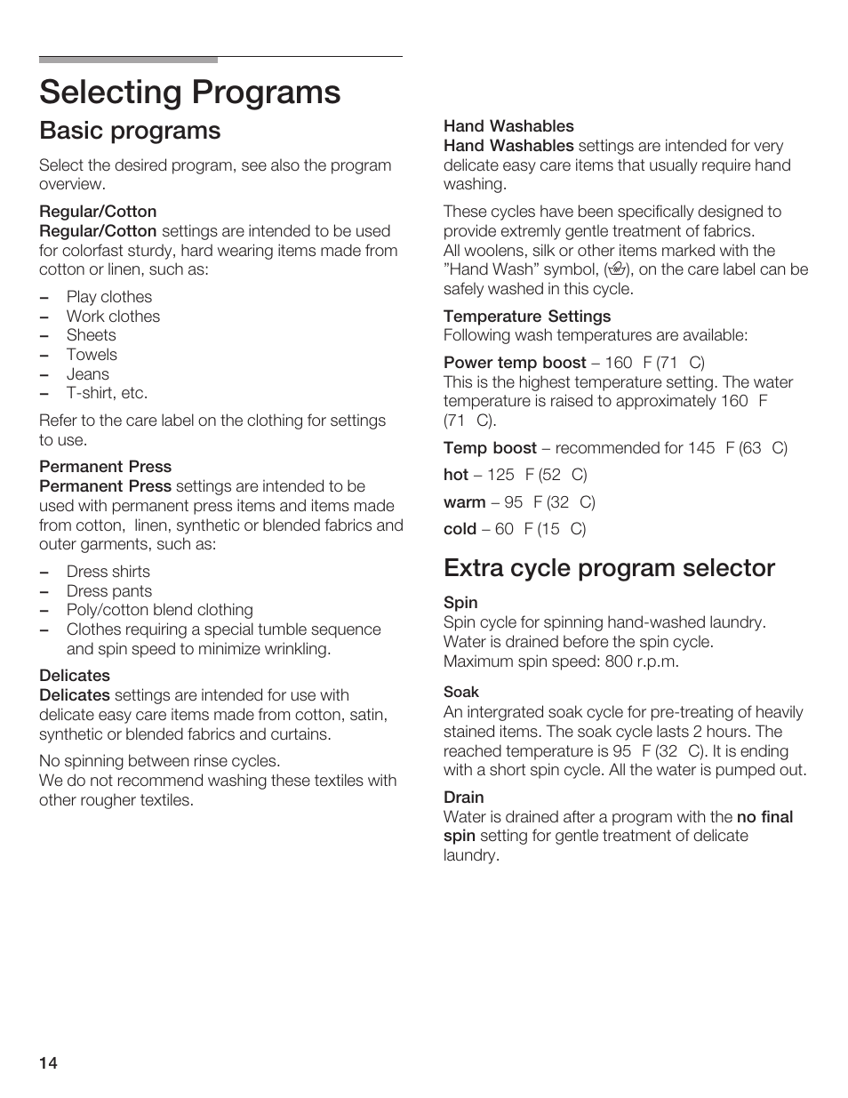 Selecting programs, Basic programs, Extra cycle program selector | Bosch AXXUS WFL 2050 User Manual | Page 14 / 36