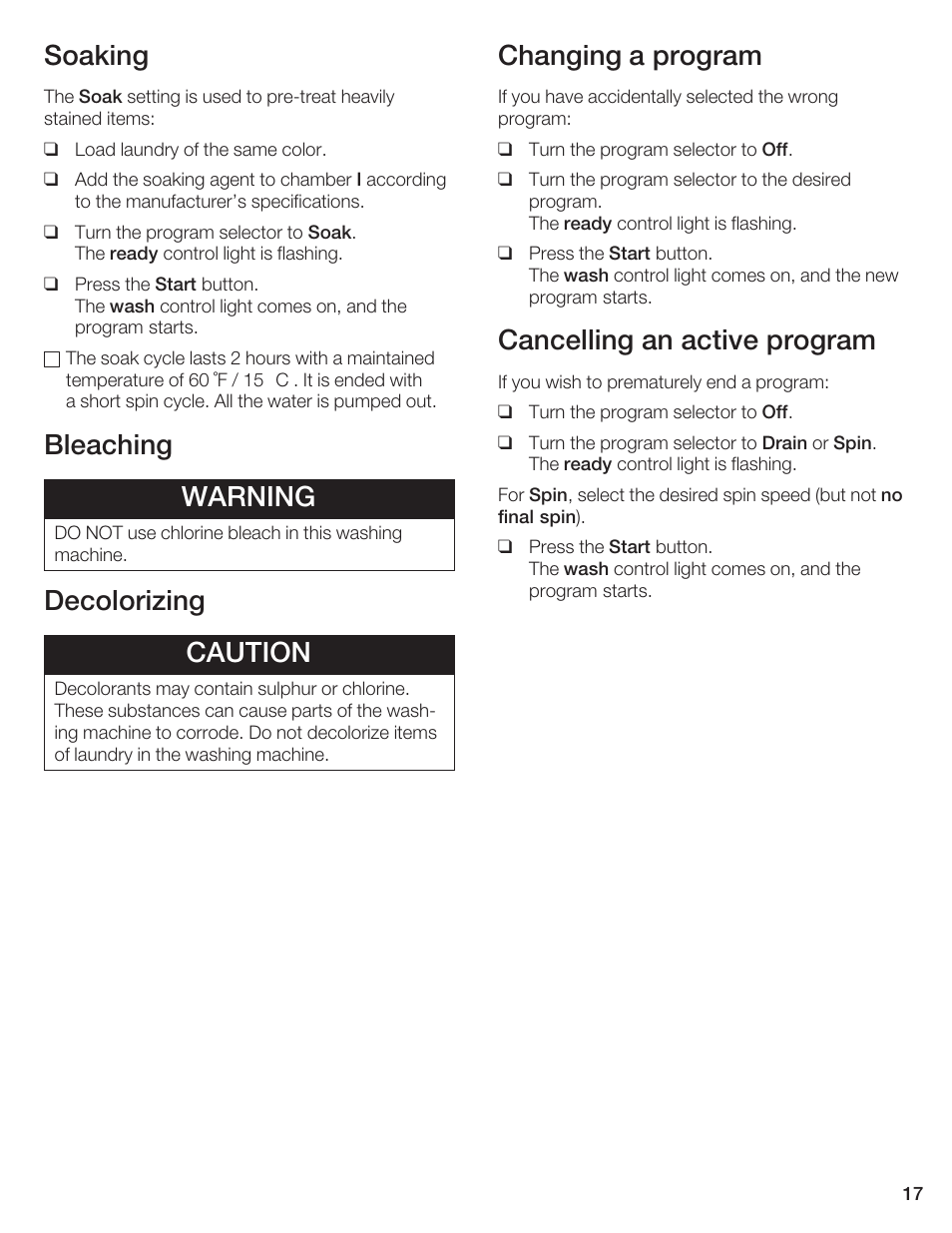 Soaking, Bleaching warning, Decolorizing caution | Changing a program, Cancelling an active program | Bosch AXXUS WFL 2050 User Manual | Page 17 / 36