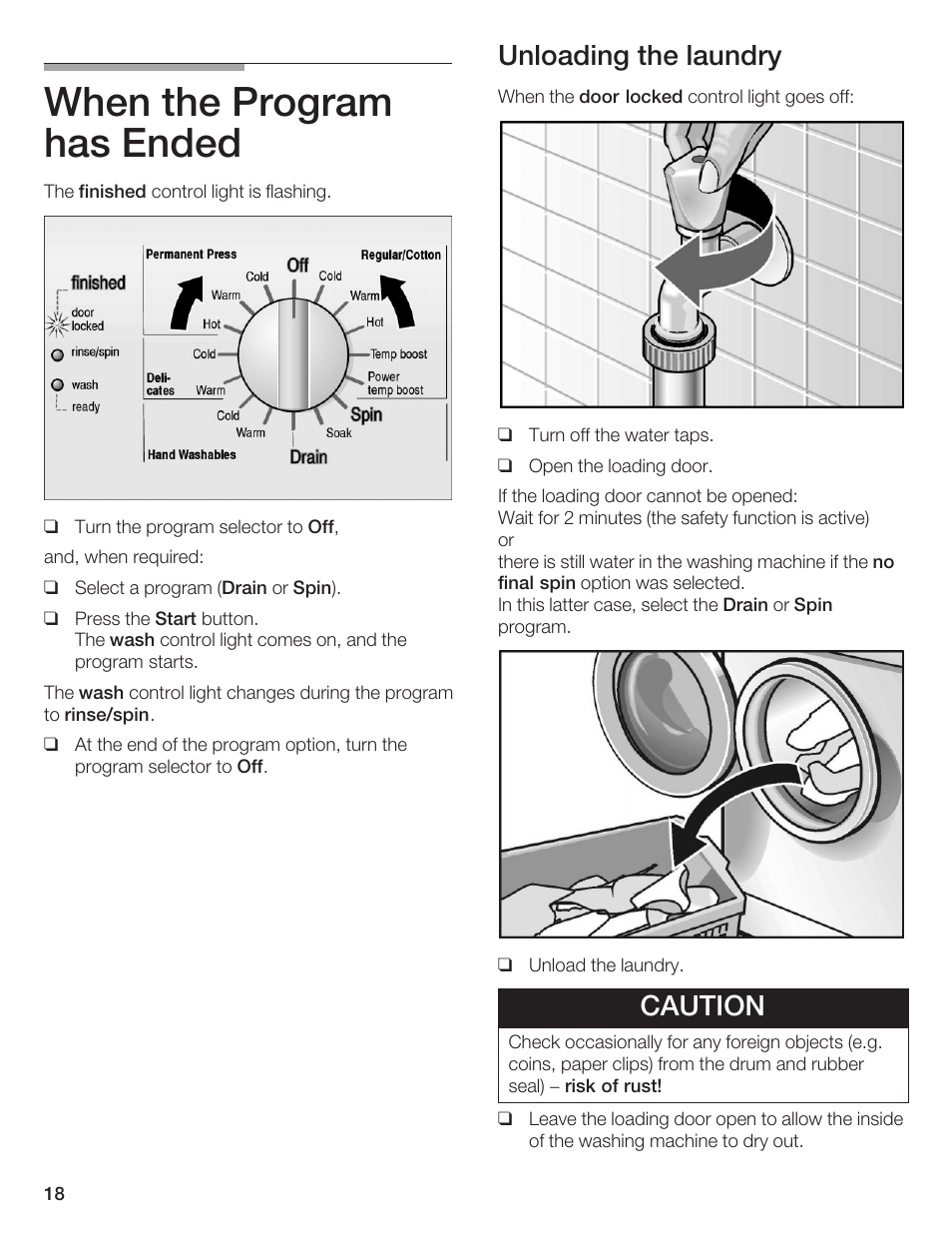 When the program has ended, Unloading the laundry, Caution | Bosch AXXUS WFL 2050 User Manual | Page 18 / 36