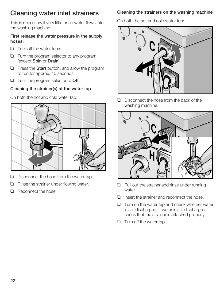 Cleaning water inlet strainers | Bosch AXXUS WFL 2050 User Manual | Page 22 / 36