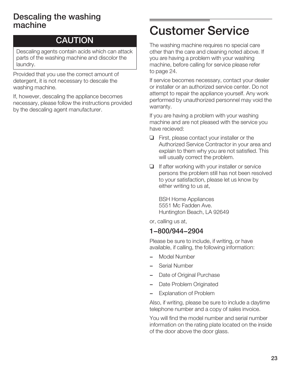 Customer service, Descaling the washing machine caution | Bosch AXXUS WFL 2050 User Manual | Page 23 / 36