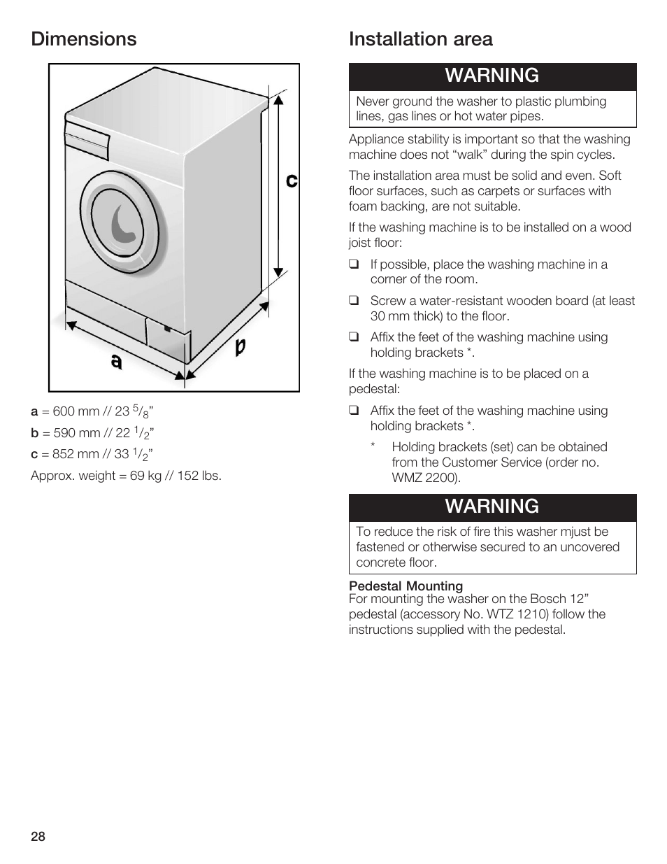 Dimensions, Installation area warning, Warning | Bosch AXXUS WFL 2050 User Manual | Page 28 / 36