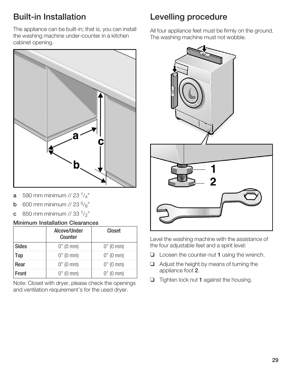 Builtćin installation, Levelling procedure | Bosch AXXUS WFL 2050 User Manual | Page 29 / 36